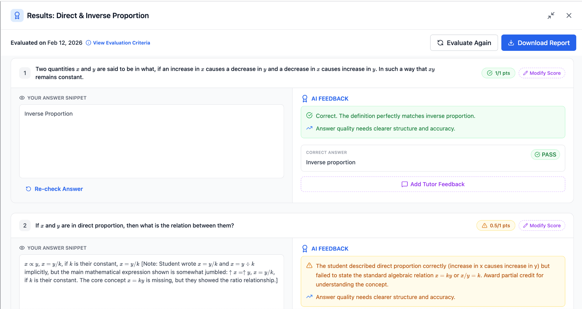 AI question-by-question grading with handwritten answer analysis and feedback