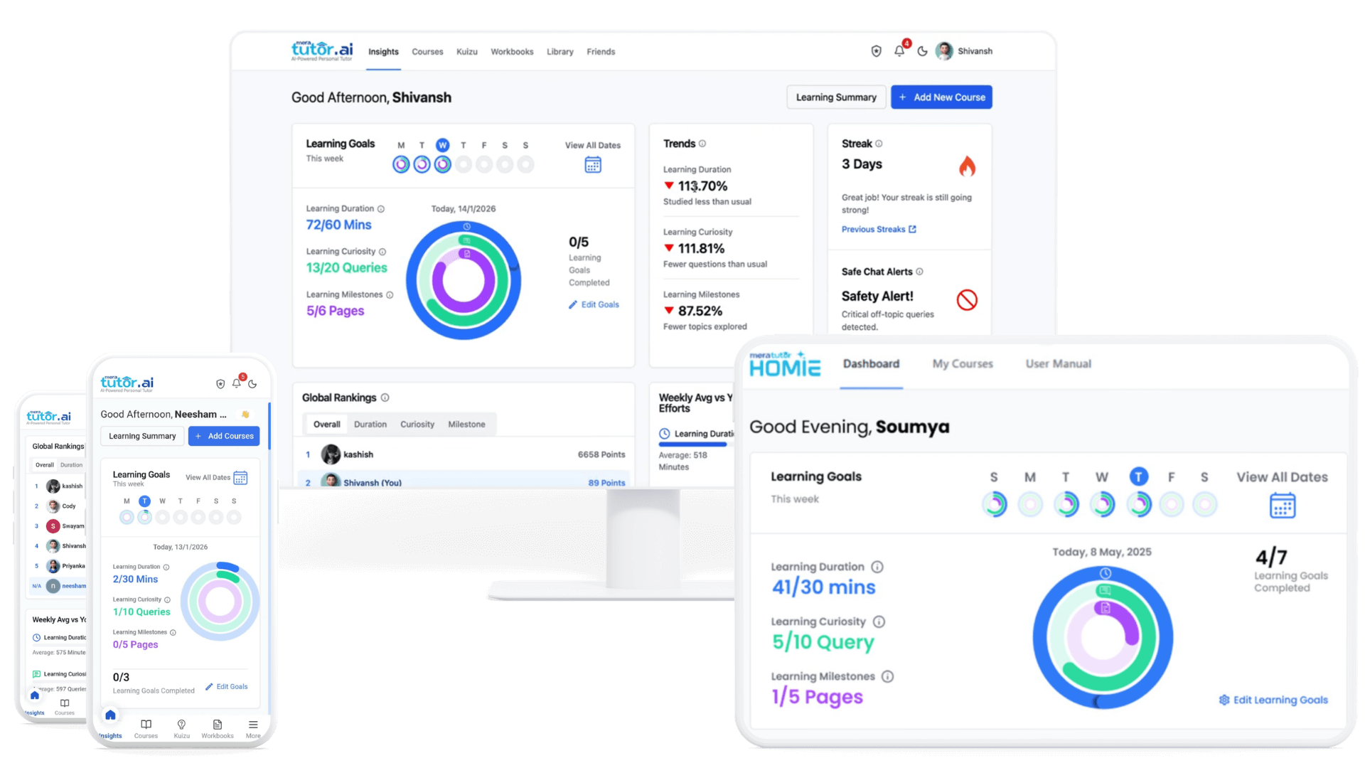 MeraTutor AI running on desktop, tablet, and mobile