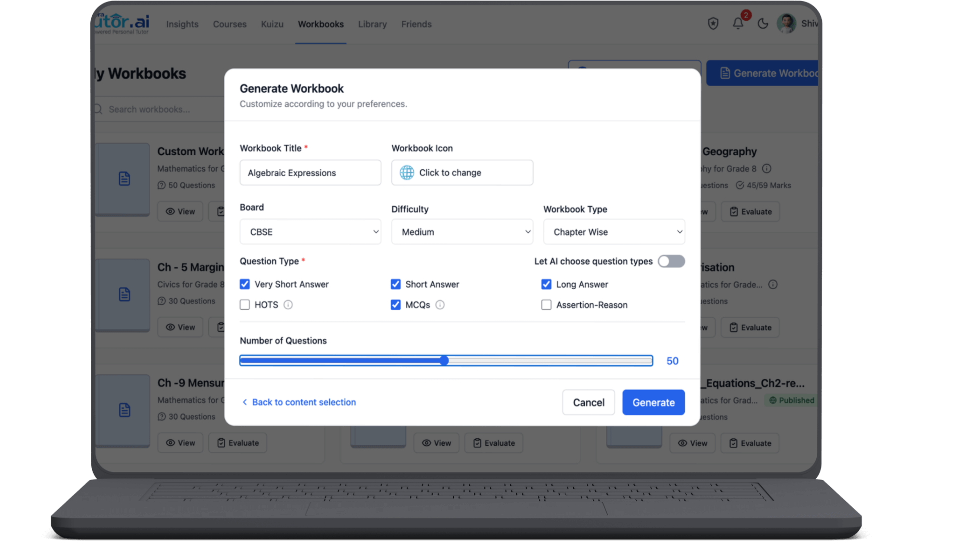 MeraTutor workbook generation dialog showing customization options