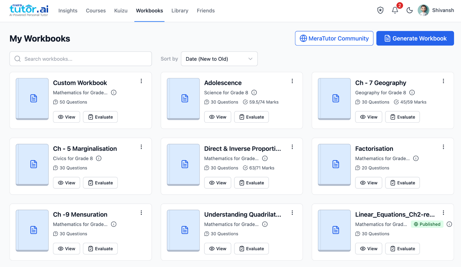 MeraTutor workbook library showing subject-wise worksheets
